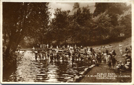Public Park Paddling Pool with Kirhill Parish Church in the background - Card Dated 1949